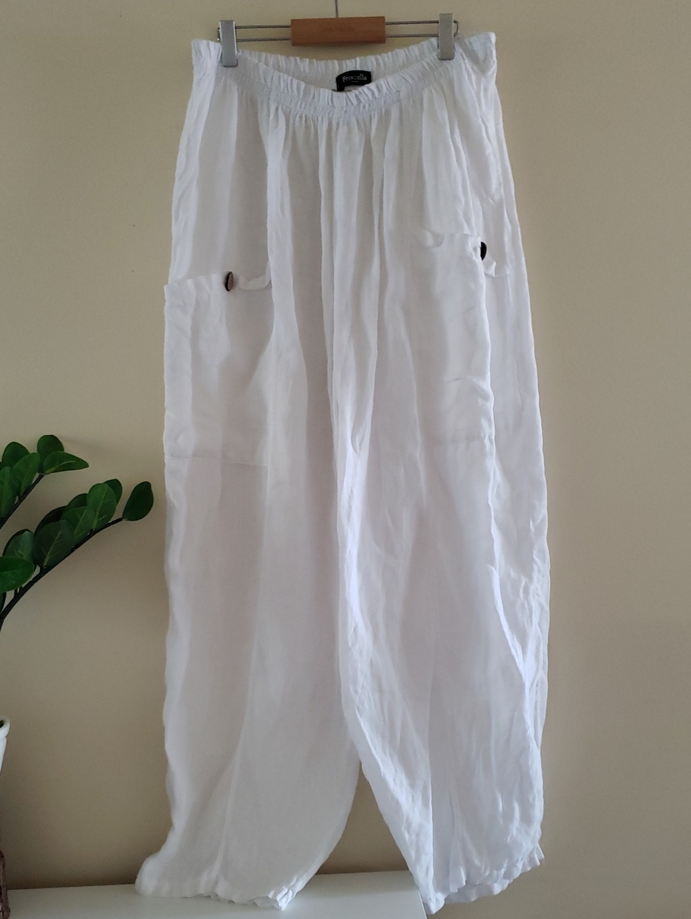 FROCCELLA ITALY  Linen Harem Pull On Pant W/Pockets - White O/S